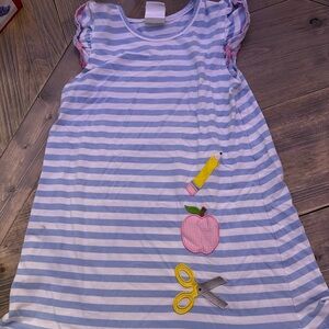 Stitchy Fish Girls School Applique Dress Blue Stripe Pencil Apple Size 7
